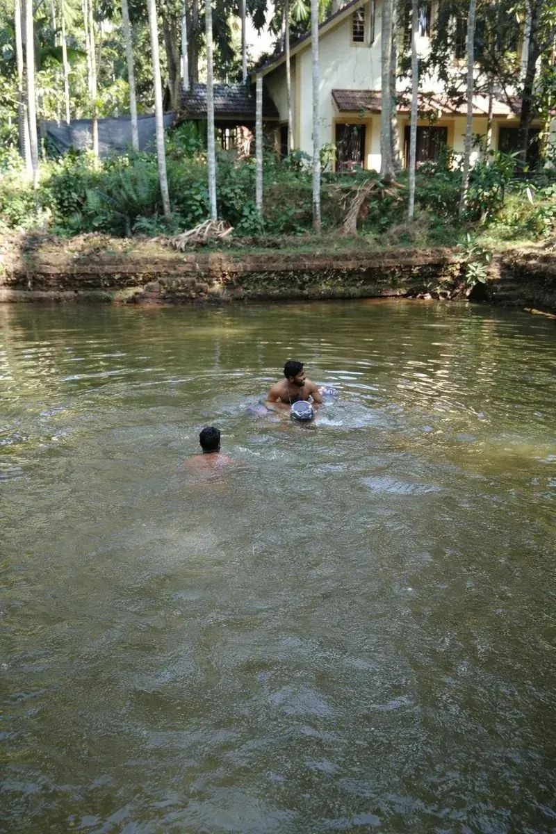 Temple pond filled with rainwater during monsoon — historic photograph